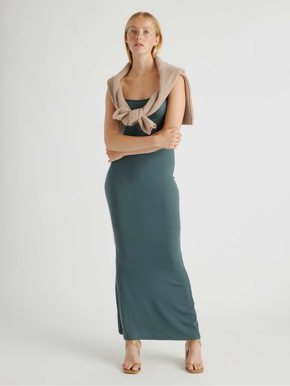 Quince Tencel Rib Knit Maxi Slip Dress in Dark Olive, Size Medium